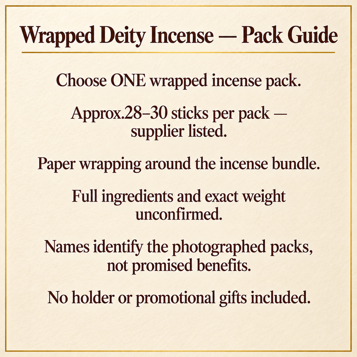 TB776182768518 | Wrapped Deity Incense — Pack Guide | 