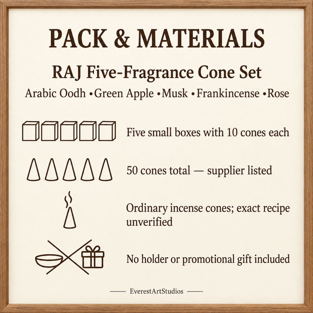 RAJ Five-Fragrance Incense Cone Set — 5 Boxes, 50 Cones | pack