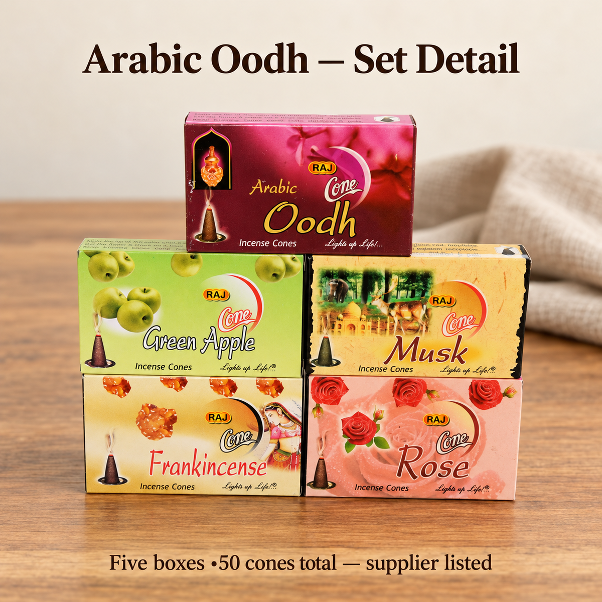 Arabic Oodh box detail within five-box set