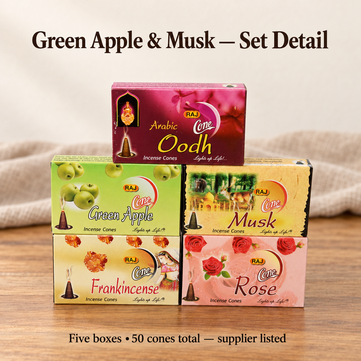 Green Apple and Musk box detail within five-box set