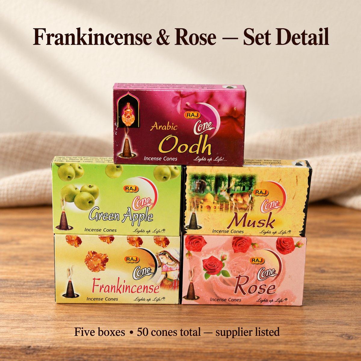 Frankincense and Rose box detail within five-box set