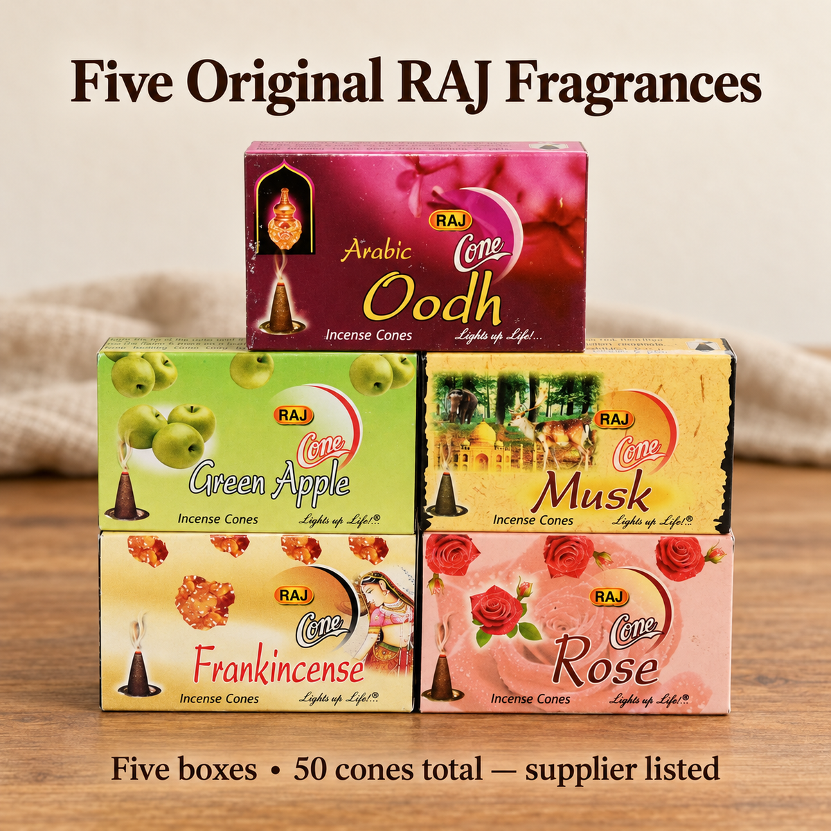 Original RAJ five fragrance label details