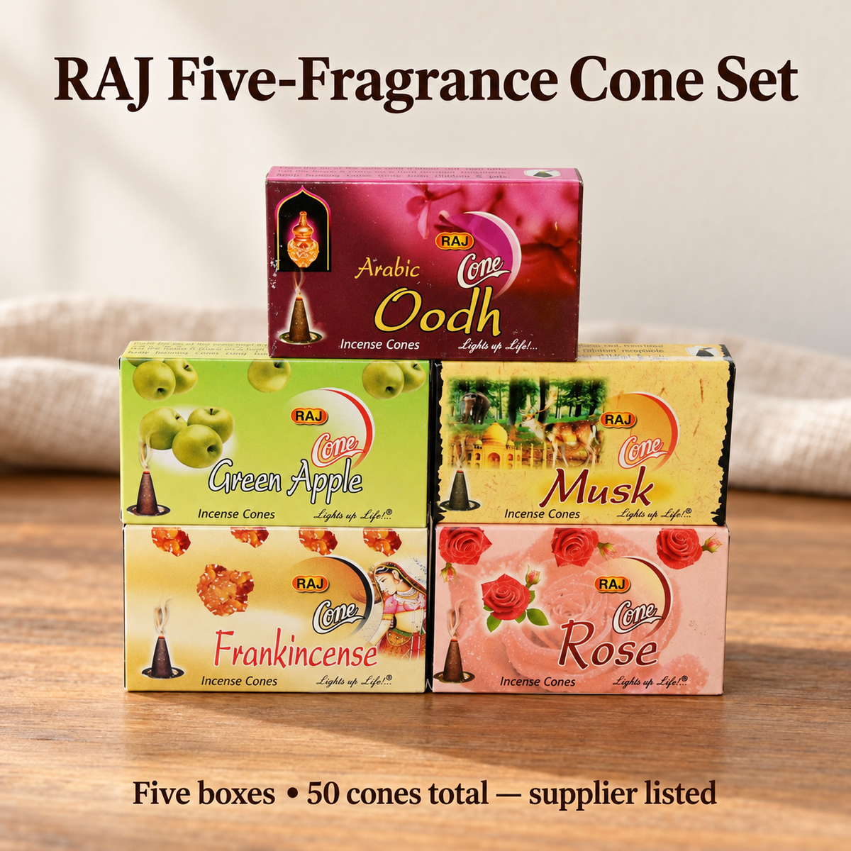 RAJ five-box50-cone set with Arabic Oodh, Green Apple, Musk, Frankincense and Rose
