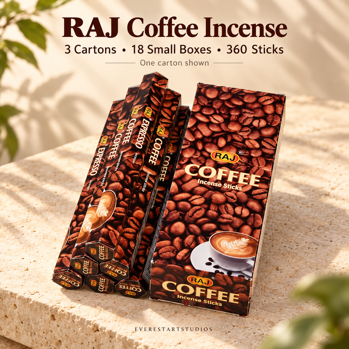 RAJ Coffee three-carton order,18smallboxes360sticks; onecartonshownaspackagingreference