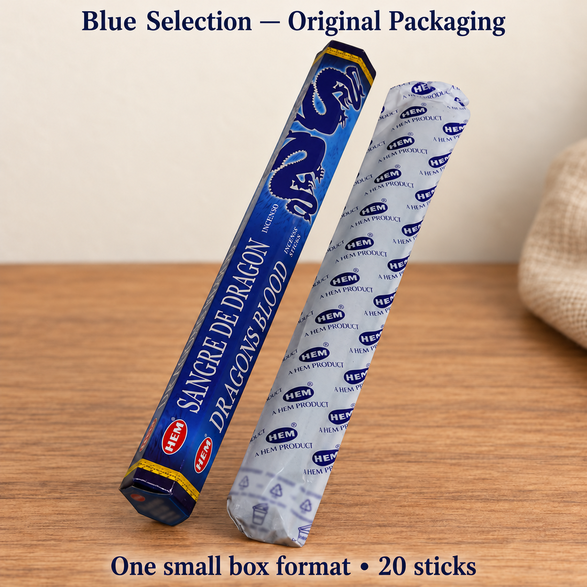 Original HEM Dragons Blood Blue small box and white blue-printed HEM inner wrapper