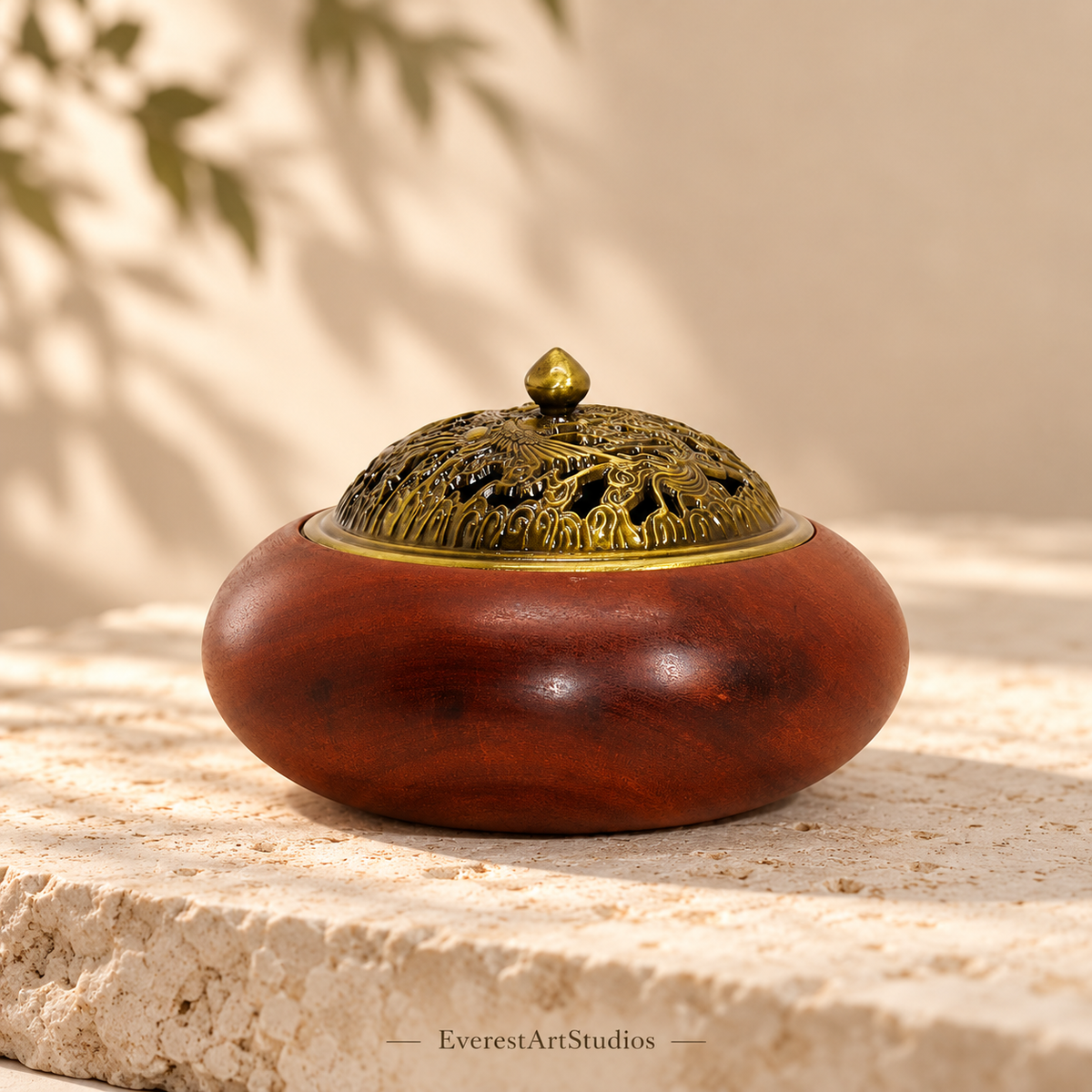 Round wood incense burner with gold-tone pierced dragon and phoenix lid
