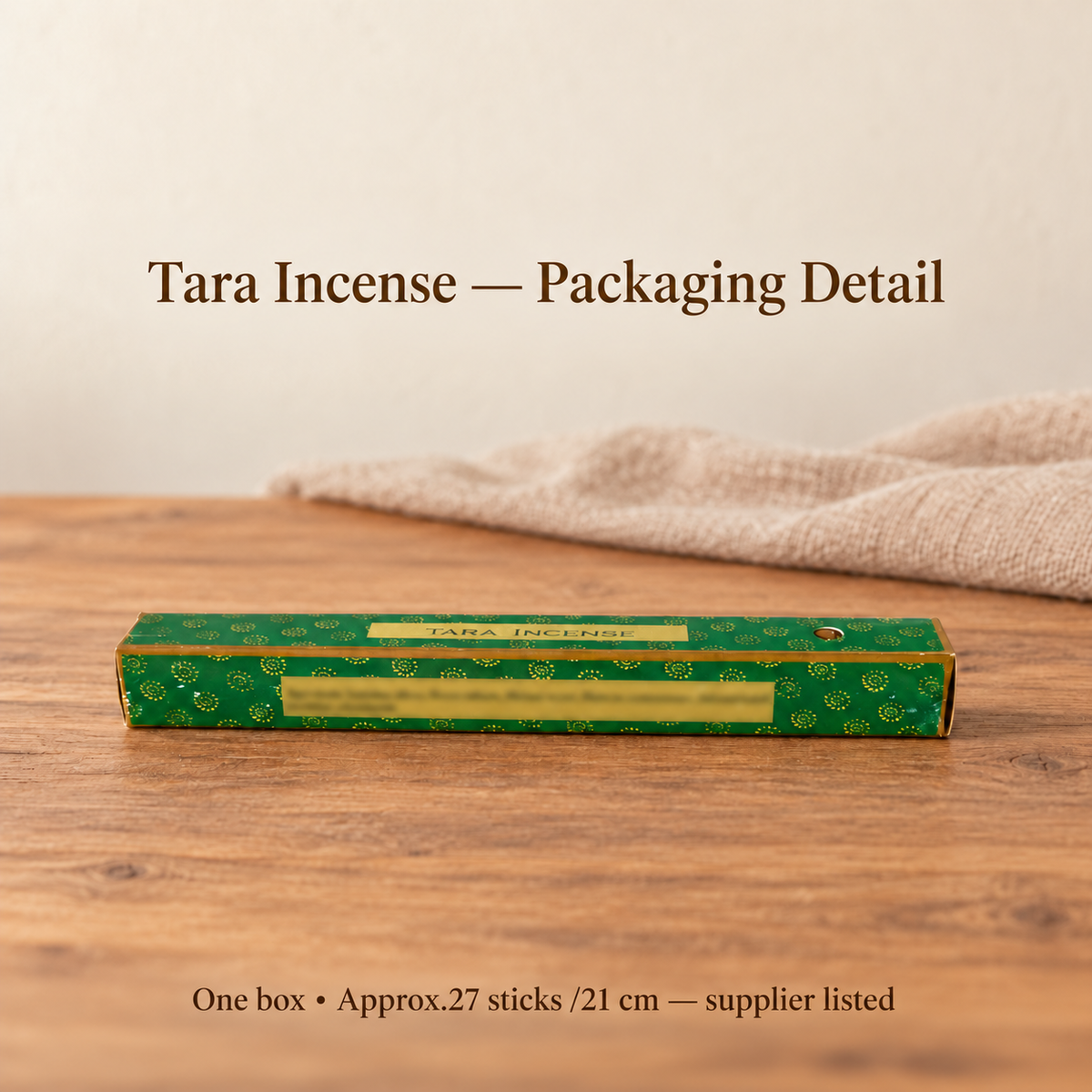 Tara Incense — packaging detail with small unverified ingredient print naturally defocused
