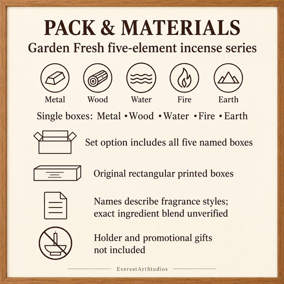 Garden Fresh Five-Element Incense — Metal, Wood, Water, Fire & Earth | pack