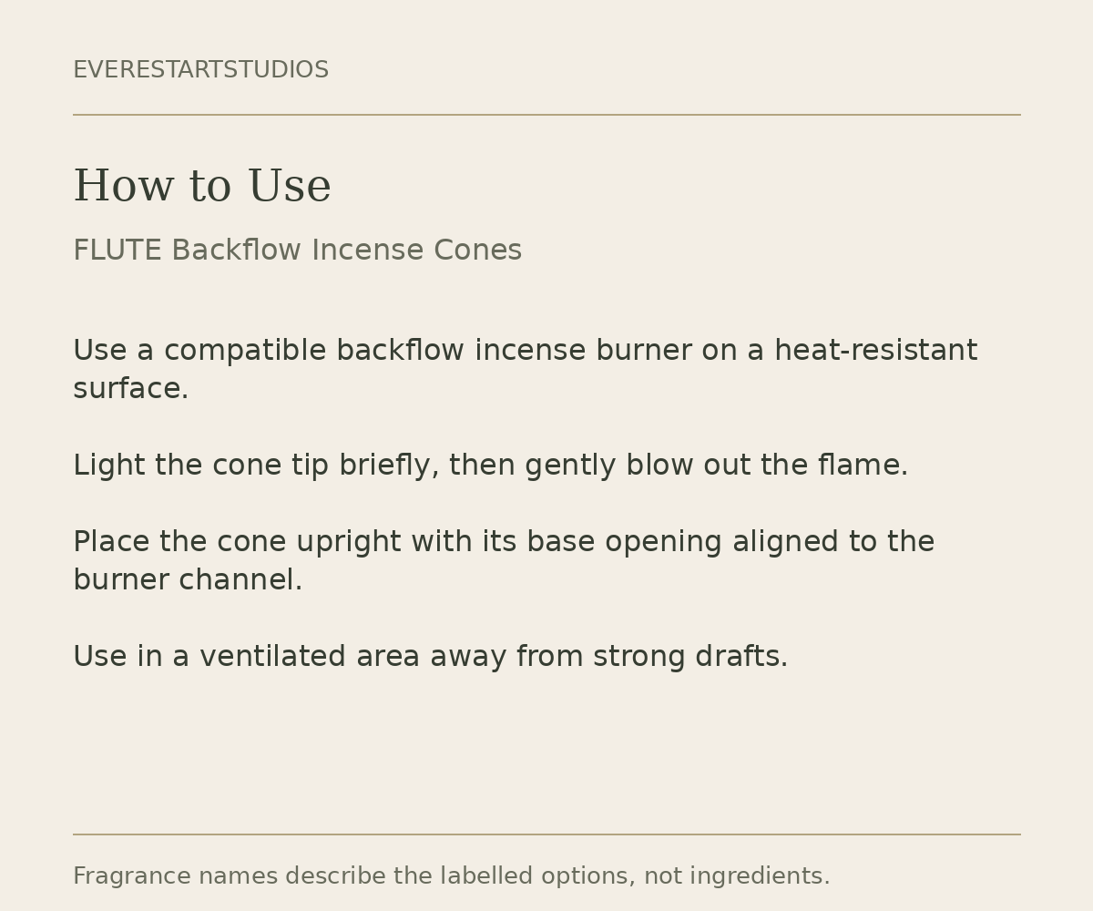 FLUTE backflow incense cones use information card
