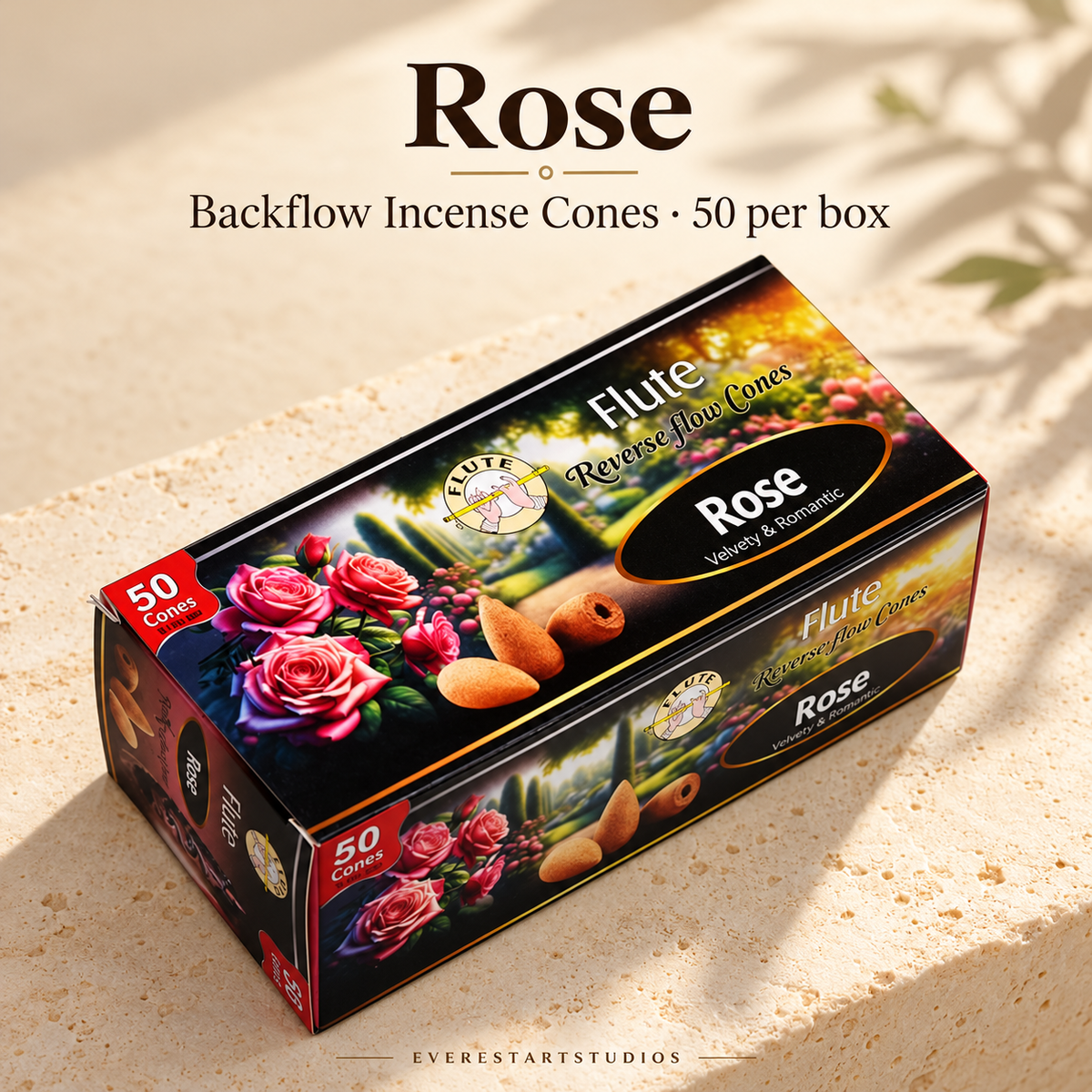 FLUTE Rose backflow incense cones, one 50-cone box