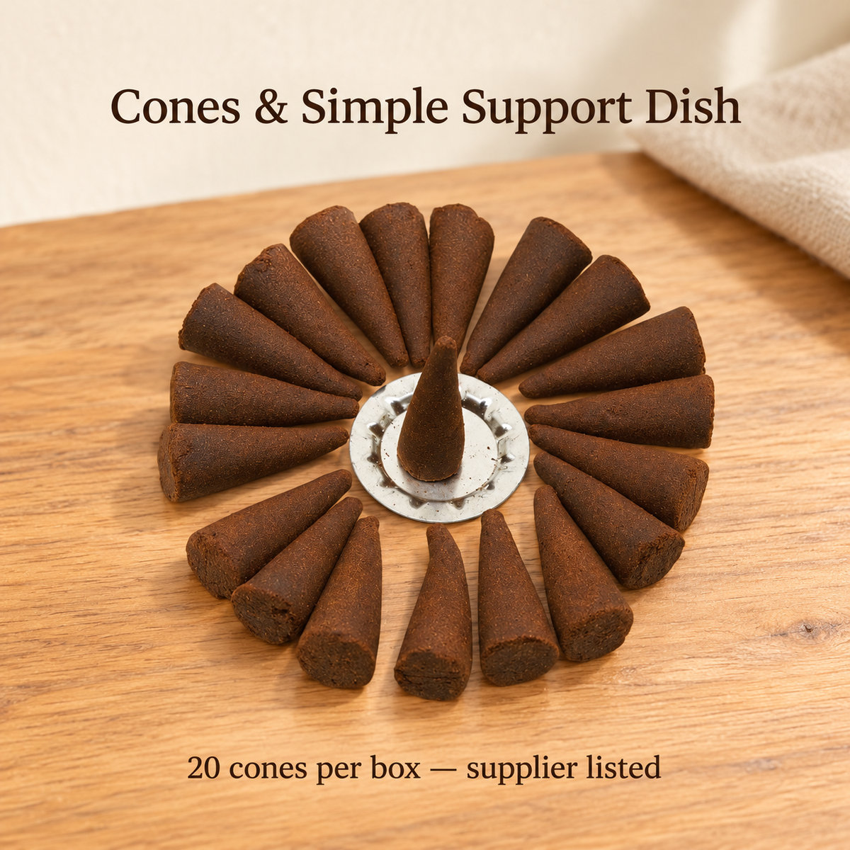 Mysore Sandal cones and included simple metal support dish