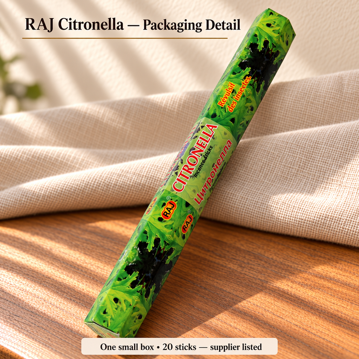 TB9324078226 | RAJ Citronella — Packaging Detail | One small box •20 sticks — supplier listed