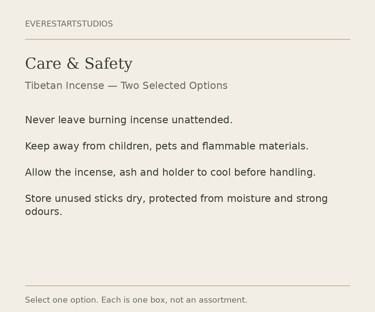 Tibetan incense care information for Knowledge Holder and Pure Land options