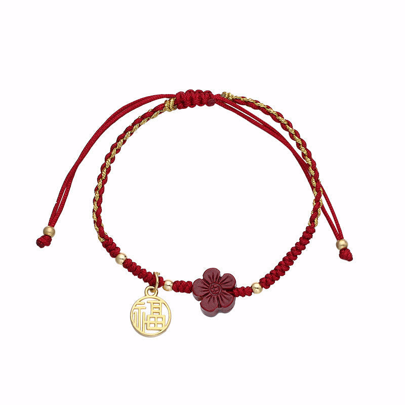 EverestArtstudios Cinnabar Flower Fu Character Blessing Braided String Bracelet