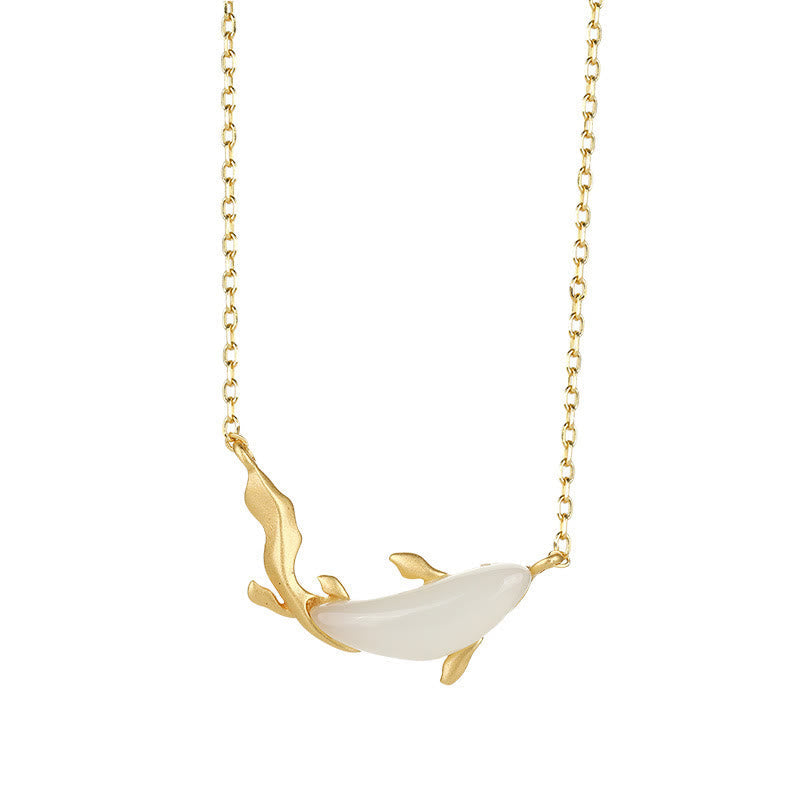 EverestArtstudios 925 Sterling Silver White Jade Dolphin Luck Necklace Pendant