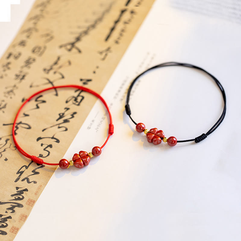 EverestArtstudios Four Leaf Clover Cinnabar Blessing Calm String Bracelet Anklet