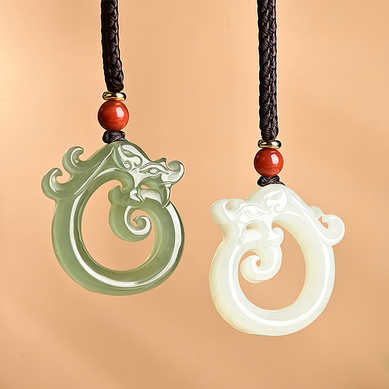 EverestArtstudios White Jade Cyan Jade Dragon Protection Necklace String Pendant