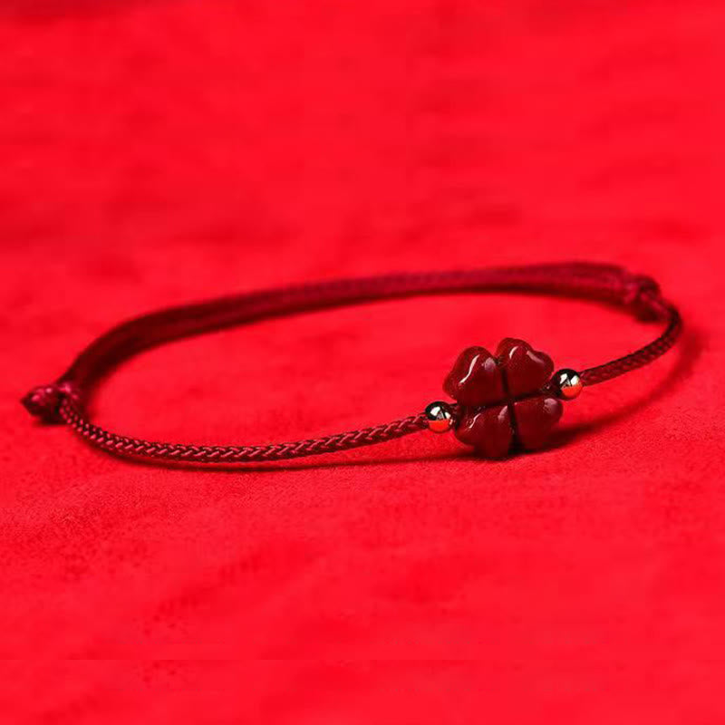 EverestArtStudios Natural Cinnabar Four Leaf Clover Blessing Red String Bracelet Anklet