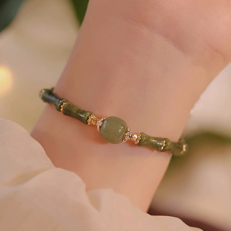 EverestArtStudios 14K Copper Plated Peridot Hetian Jade Bamboo Pattern Luck Bracelet