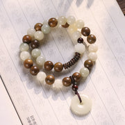 Buddha Stones Bodhi Seed Green Sandalwood Lotus Peace Buckle Harmony Double Wrap Bracelet