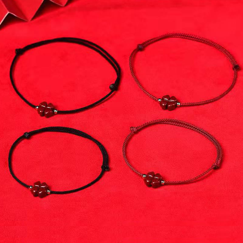 EverestArtStudios Natural Cinnabar Four Leaf Clover Blessing Red String Bracelet Anklet