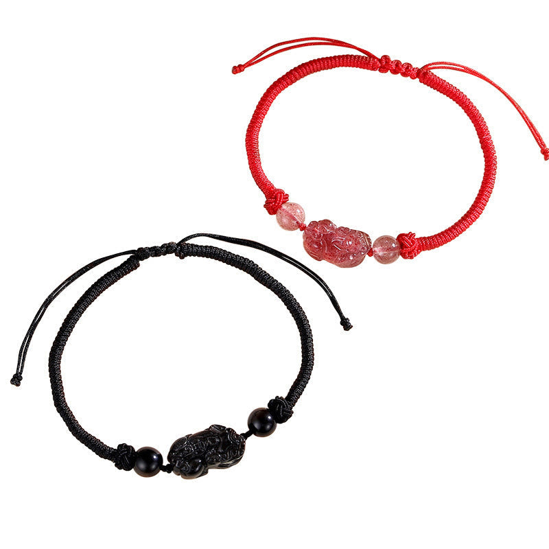 EverestArtstudios Handmade Natural Silver Sheen Obsidian Strawberry Quartz PiXiu Protection Braided Bracelet
