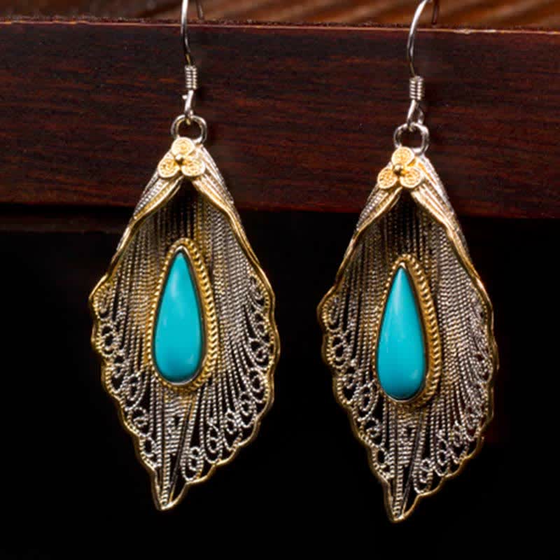 EverestArtStudios 925 Sterling Silver Turquoise Bodhi Leaf Pattern Protection Drop Dangle Earrings