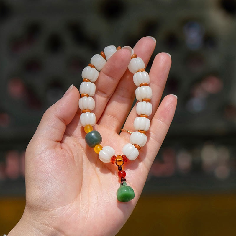 Buddha Stones Natural Bodhi Seed Red Agate Bodhi Calm Harmony Engraved Pumpkin Bead Lotus Bracelet