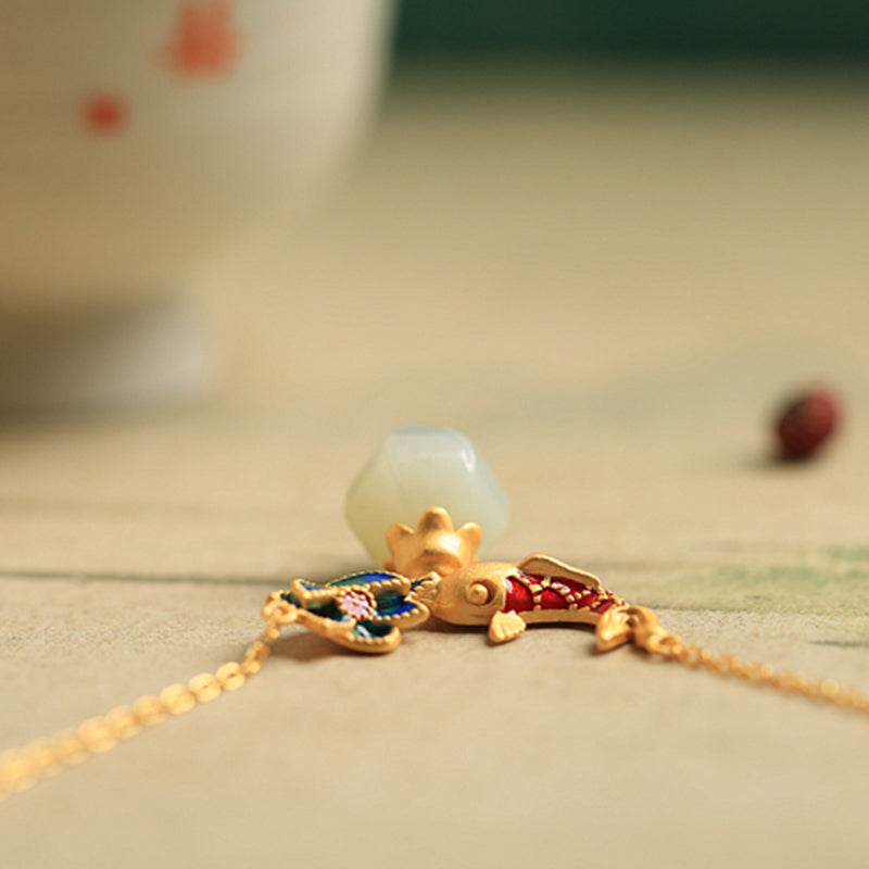 Buddha Stones White Jade Koi Fish Lotus Copper Protection Necklace Pendant