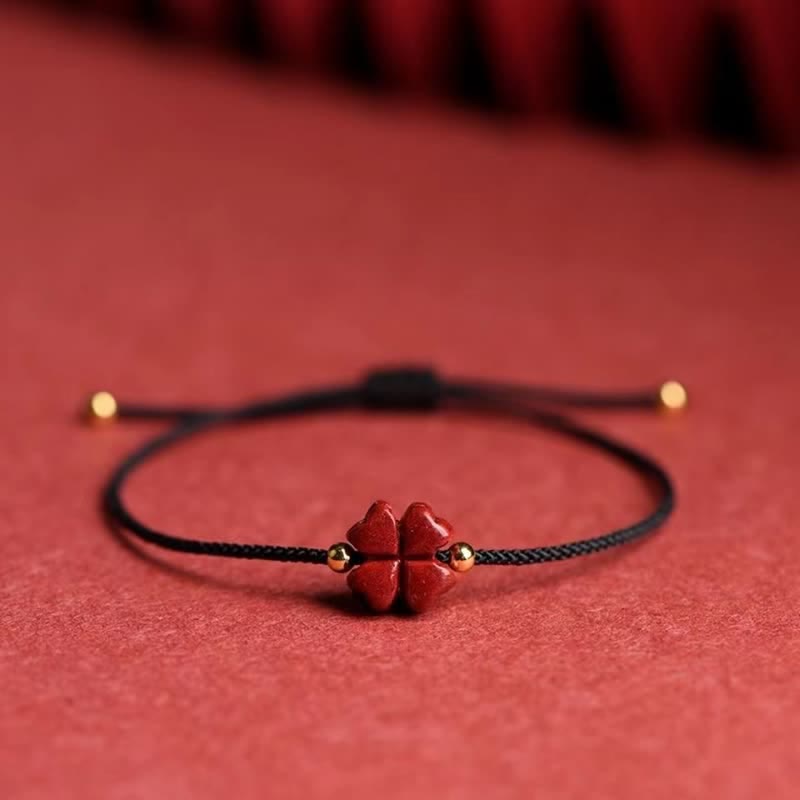 EverestArtStudios Natural Cinnabar Four Leaf Clover Blessing Red String Bracelet Anklet