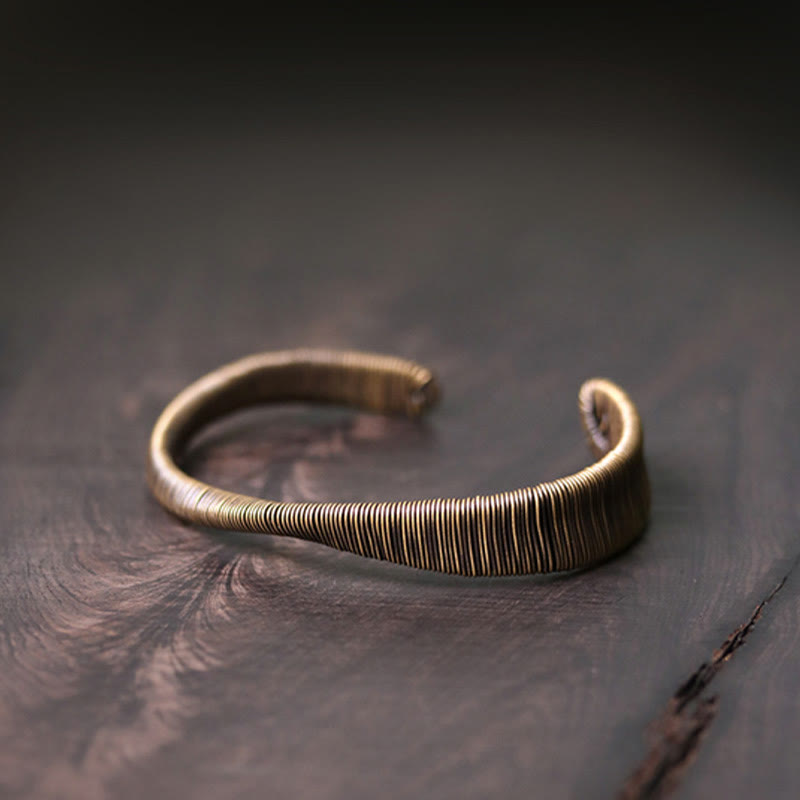 Buddha Stones Simple Design Wrapped Brass Copper Luck Wealth Adjustable Cuff Bracelet