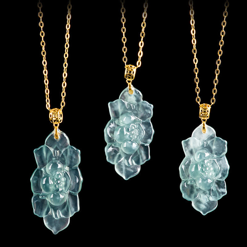Buddha Stones Natural Jade Lotus Pattern Prosperity Titanium Steel Chain Necklace Pendant