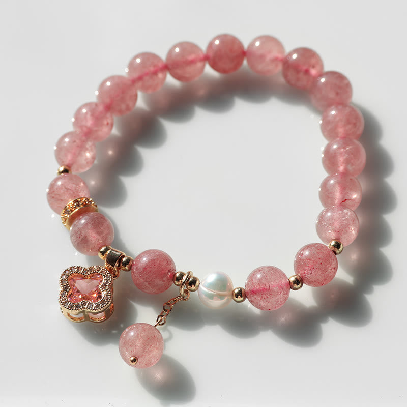 EverestArtstudios Strawberry Quartz Pearl Four Leaf Clover Charm Healing Bracelet