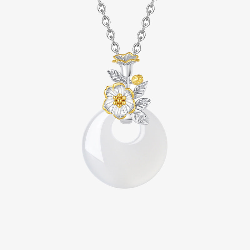 EverestArtstudios 925 Sterling Silver Round Chalcedony Twelve Months Flower Harmony Necklace Pendant