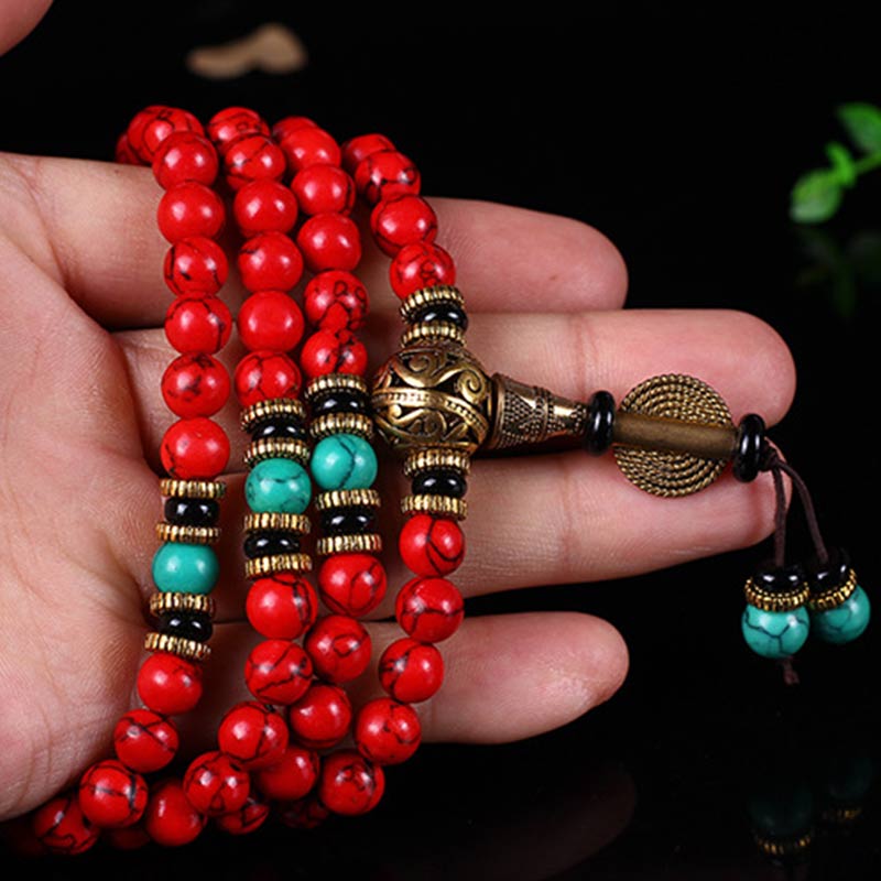 EverestArtStudios 108 Beads Tibetan Mala Red Turquoise Lucky Necklace Bracelet