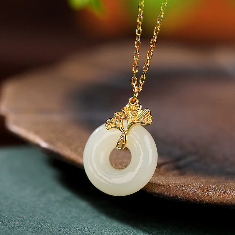 EverestArtstudios 925 Sterling Silver Natural Hetian Jade Ginkgo Leaf Peace Buckle Luck Necklace Pendant