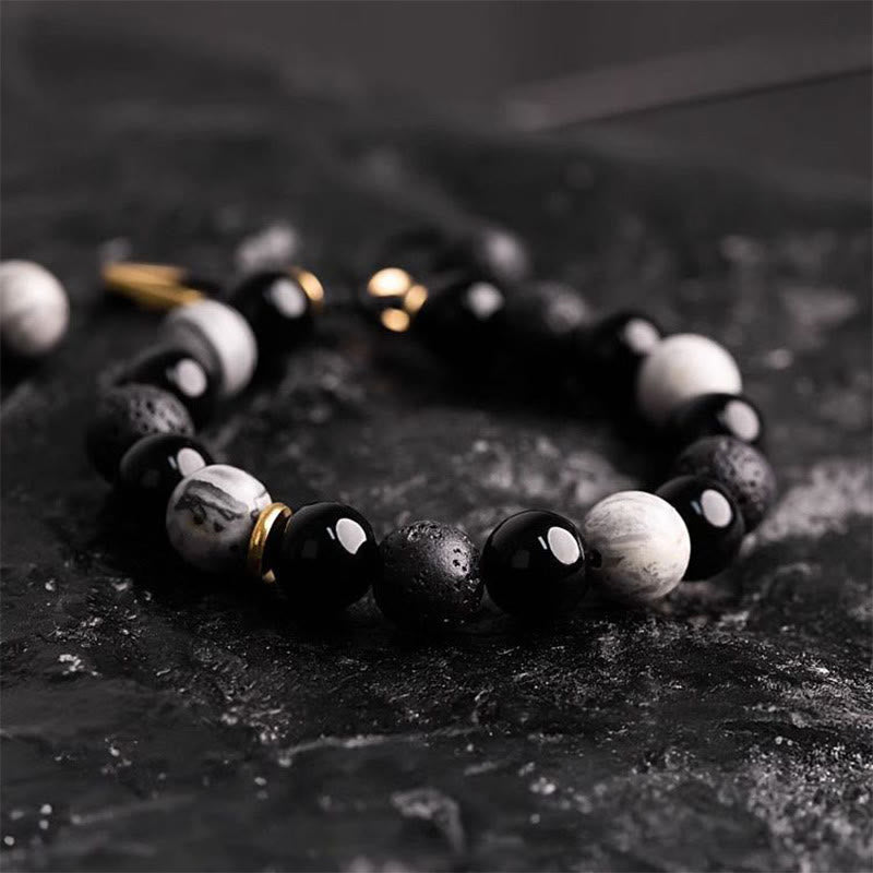 EverestArtStudios Black Obsidian Lava Rock Stone Yin Yang Strength Bracelet