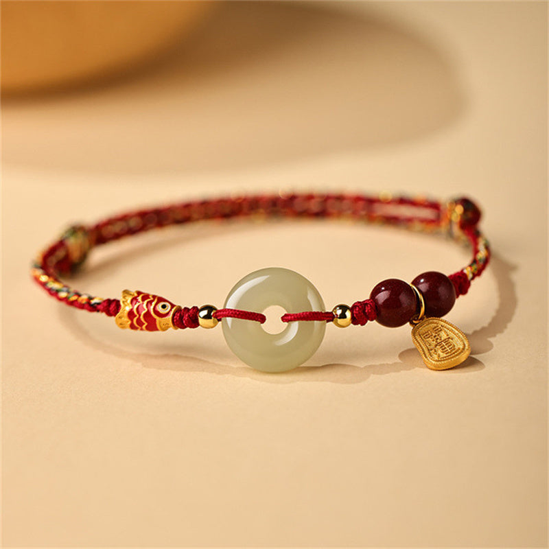 EverestArtstudios 925 Sterling Silver Koi Fish Hetian Jade Peace Buckle Luck Bracelet