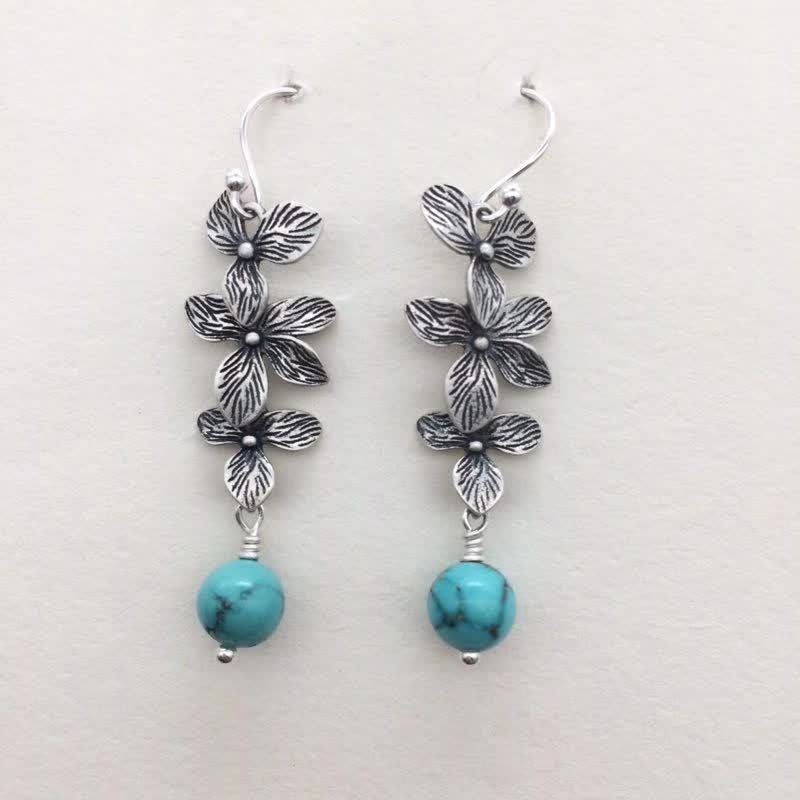EverestArtStudios 925 Sterling Silver Turquoise Lazurite Lapis Lazuli Flower Leaf Serenity Protection Hook Drop Dangle Earrings