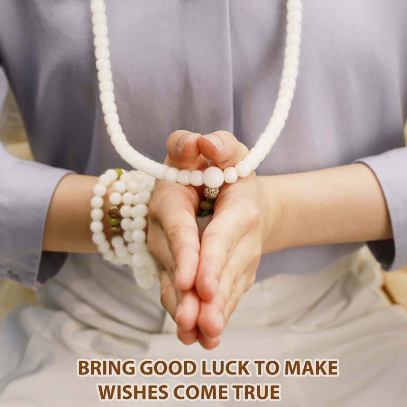 EverestArtStudios 108 Beads White Jade Bodhi Lotus Mala Harmony Necklace Bracelet