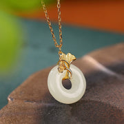 EverestArtstudios 925 Sterling Silver Natural Hetian Jade Ginkgo Leaf Peace Buckle Luck Necklace Pendant