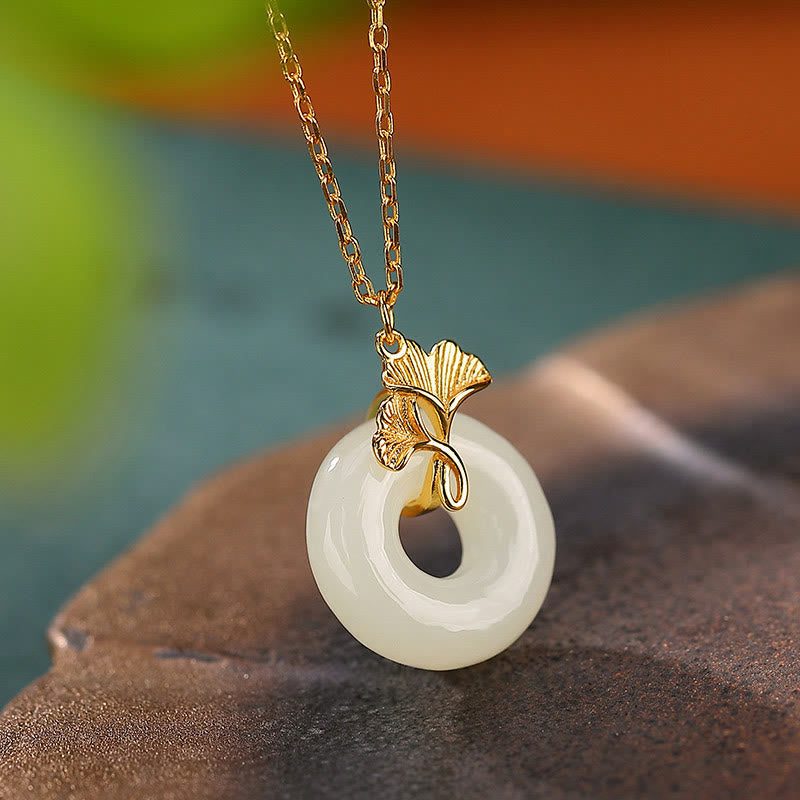 EverestArtstudios 925 Sterling Silver Natural Hetian Jade Ginkgo Leaf Peace Buckle Luck Necklace Pendant