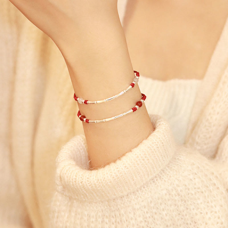 EverestArtstudios 925 Sterling Silver Bamboo White Agate Red Agate Bead Protection String Braided Bracelet
