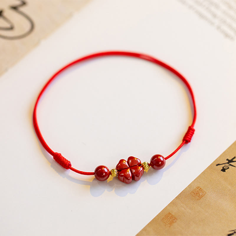 EverestArtstudios Four Leaf Clover Cinnabar Blessing Calm String Bracelet Anklet