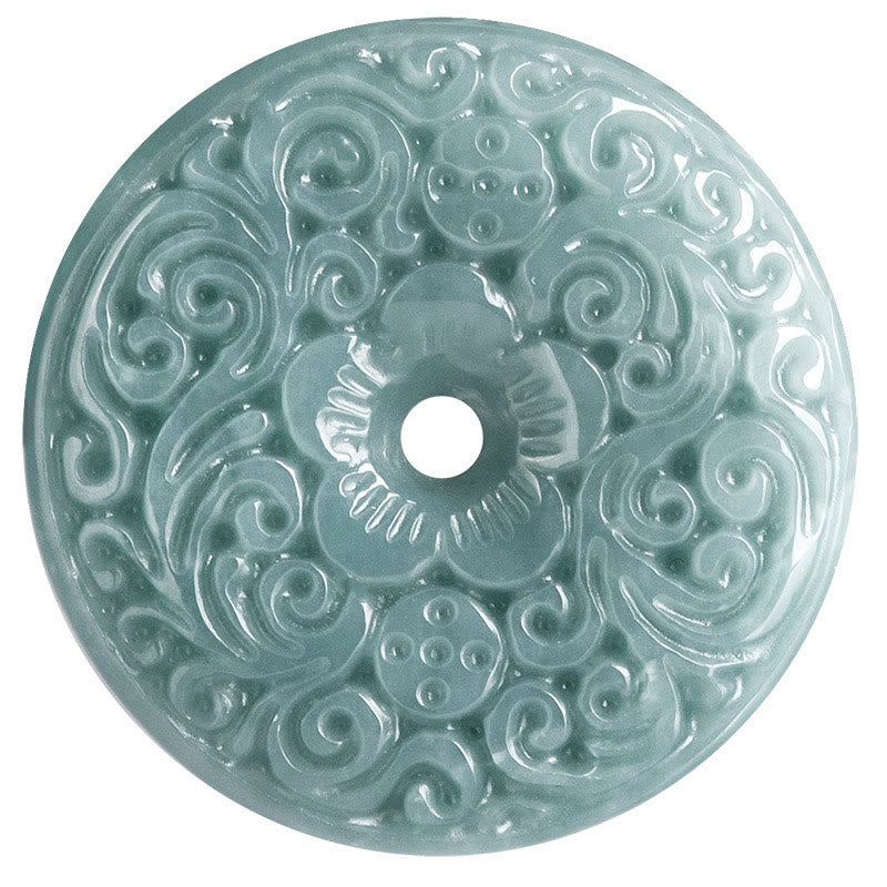 EverestArtstudios Green Jade Flower Carved Peace Buckle Abundance Necklace Pendant