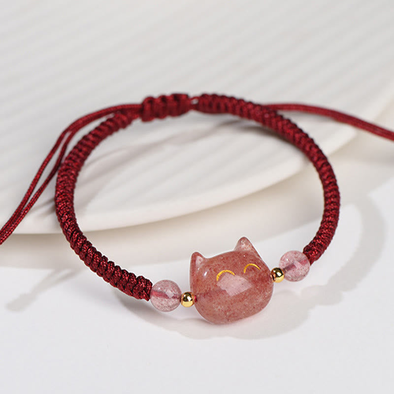 EverestArtstudios Handmade Natural Silver Sheen Obsidian Strawberry Quartz Cute Cat Protection Braided Bracelet
