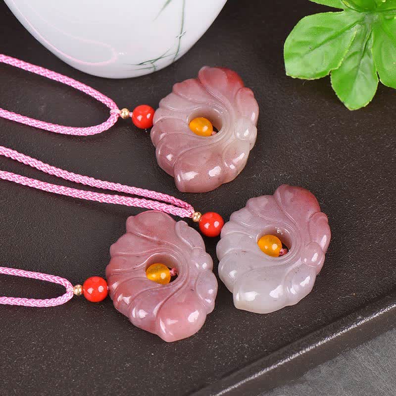 EverestArtstudiosPink Golden Silk Jade Lotus Flower Wealth Necklace Pendant