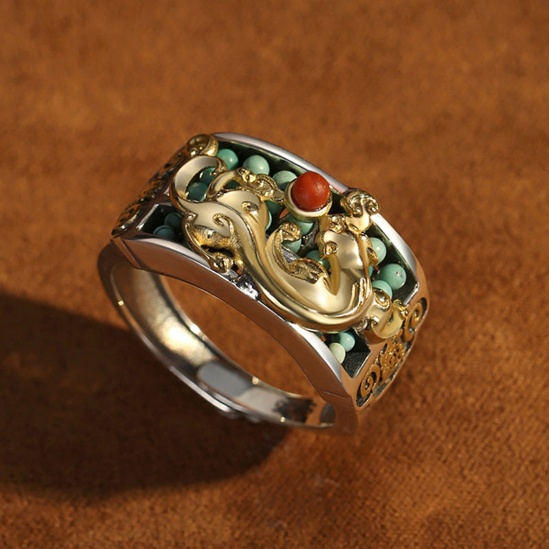 EverestArtStudios 925 Sterling Silver Turquoise Red Agate PiXiu Abacus Protection Ring