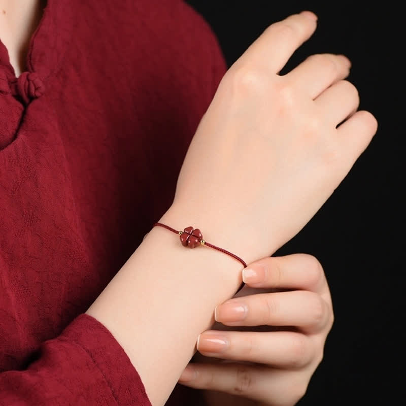 EverestArtStudios Natural Cinnabar Four Leaf Clover Blessing Red String Bracelet Anklet