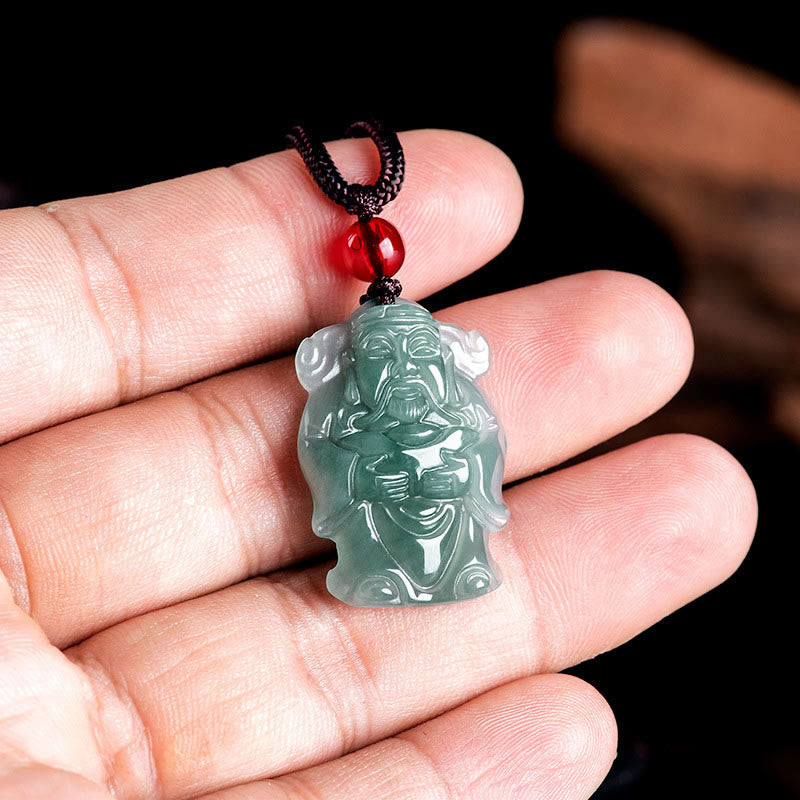 EverestArtstudios Natural Green Jade Chinese God of Wealth Caishen Ingot Abundance Necklace Pendant